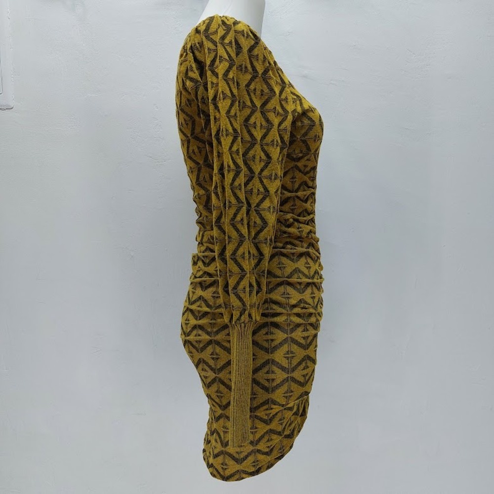 Zara Knit Dress Women's Small Mustard Geometric Ruched Puff Sleeve Mini Retro - Picture 2 of 9